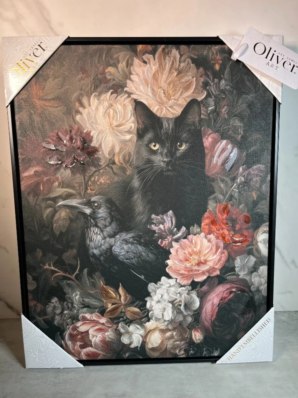 Oliver Art Black Cat & Crow w/Flowers/Floral Canvas Wall Art